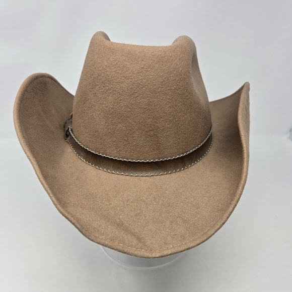VINTAGE GEO. W BOLLMAN TAN WOOL COWBOY HAT LEATHER FEATHERS WESTERN WOMEN OS 80s - Picture 2 of 15